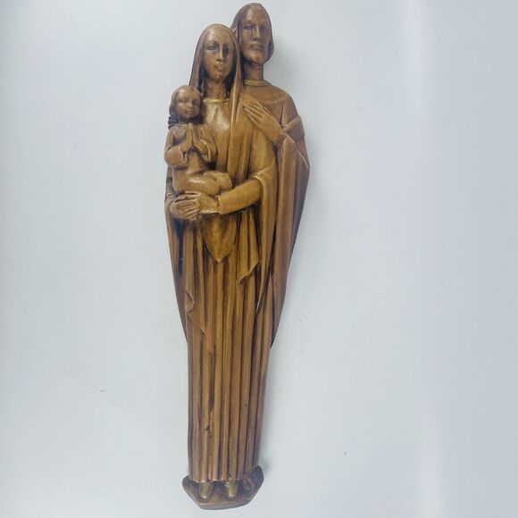Holy Family Hanging Wall Sculpture 16" Brown Jesus Mary Joseph VTG Chalkware - Picture 1 of 11